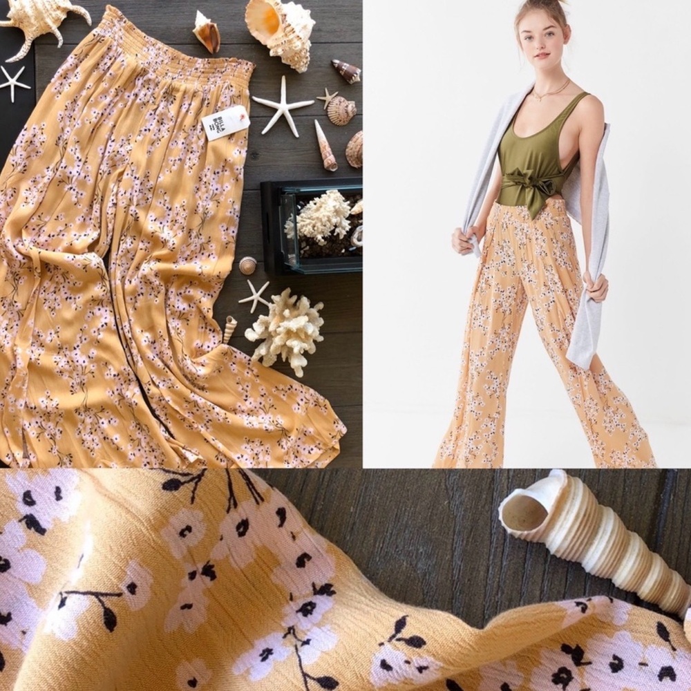 Billabong NWT Floral Yellow Wide-Leg Pants with Faux Wrap on Legs
